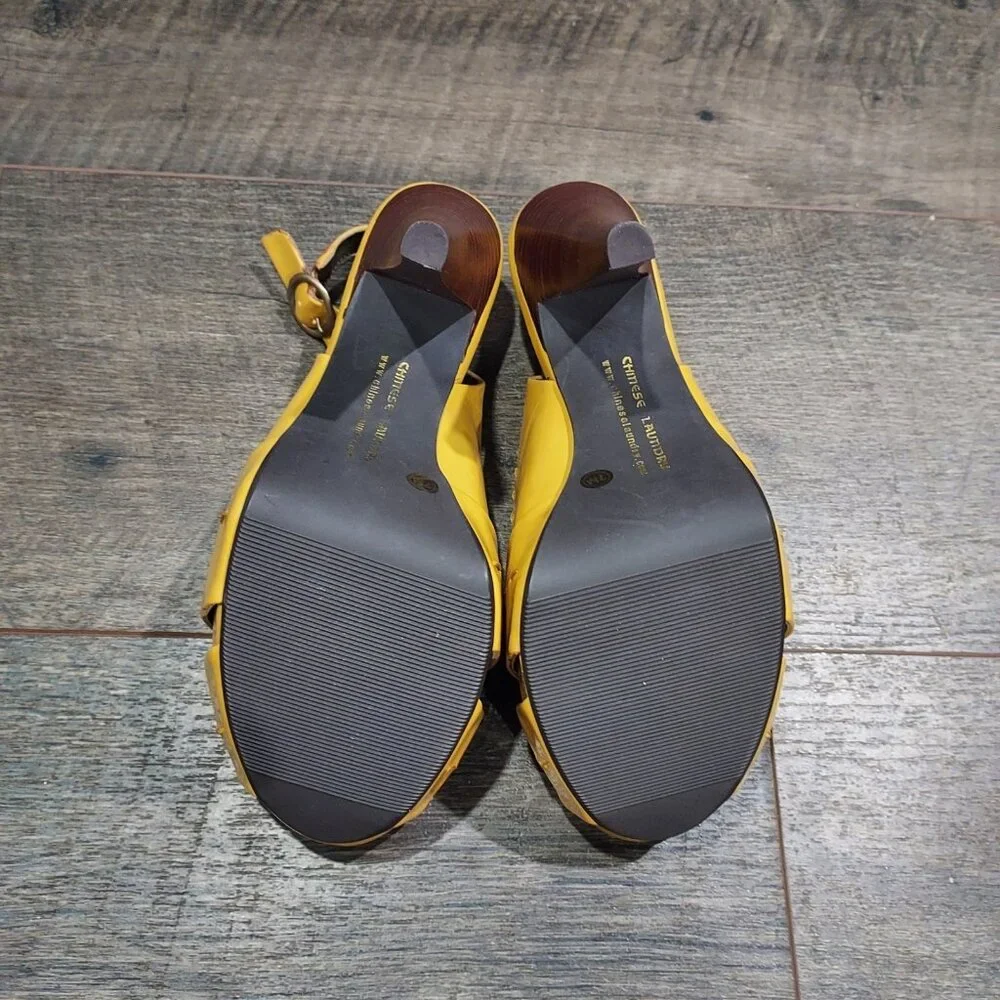 Chinese Laundry Yellow Patent Leather Slingback Brown Heels Pickstitch Size 7 - Picture 4 of 12